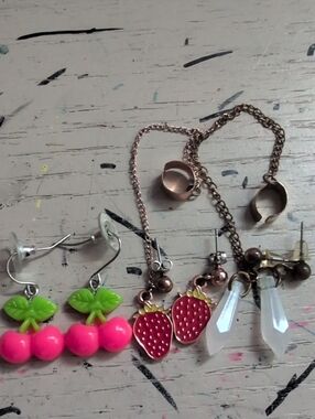 Pink Cherry and Red Strawberry Charm Earring Set